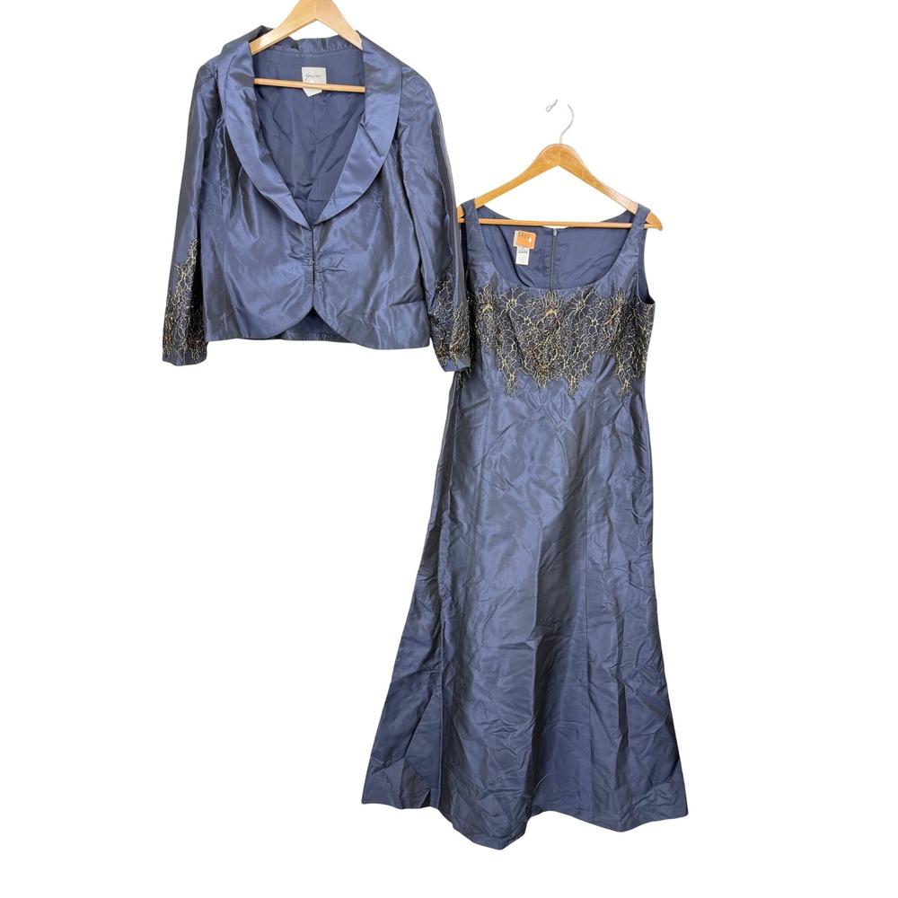 Sunny Choi Silk Maxi Dress & Jacket Set Women 16 Navy Blue Beaded Lace Formal